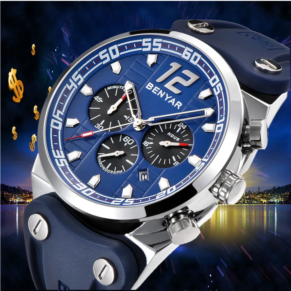 

BENYAR Brand Chronograph Sports Mens Watches Fashion Complete Calendar Waterproof Silicone Quartz Military Watch erkek kol saati
