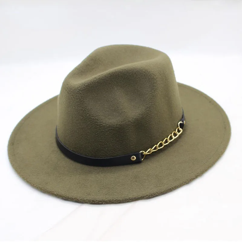 Элегантная шляпа-федора с широкими полями, женские шерстяные фетровые шляпы, кожаный ремень, Весенняя зимняя женская джазовая шляпа, черные шляпы и кепки - Цвет: ArmyGreen