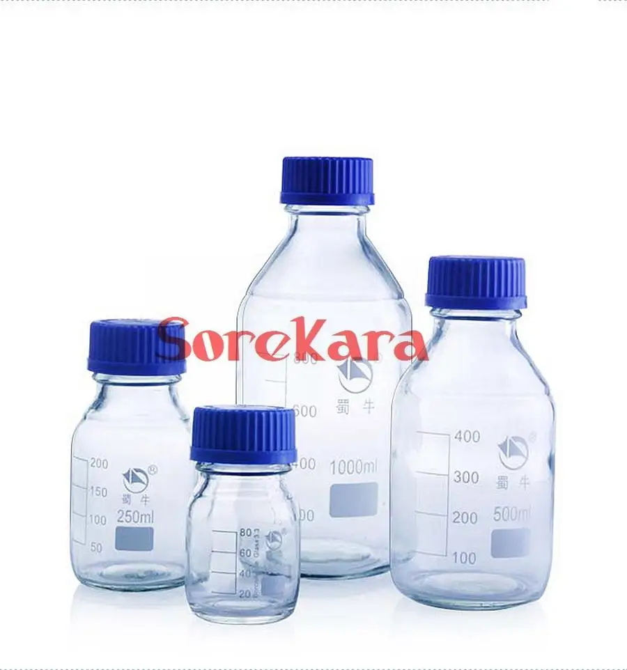 100ml/250ml/500ml Graduated Round Glass Reagent Bottle Blue Screw Cap Screw On Cover Flask