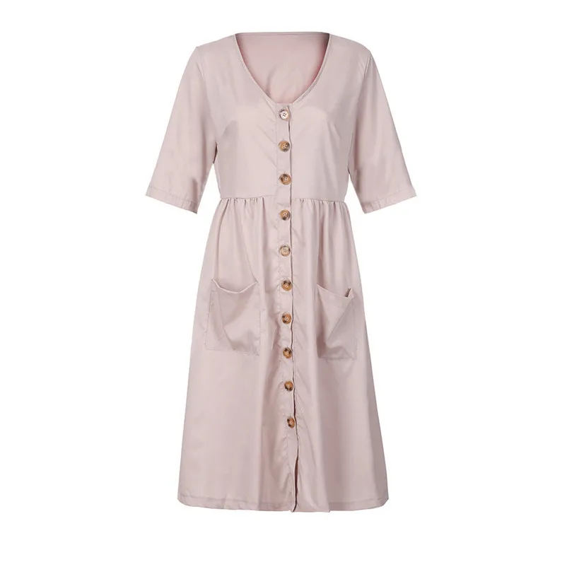 Fashion Autumn summer dress 2018 casual dress Women Holiday V Neck Solid Half Sleeve Buttons Club Party Dress vestido Y26#N (18)