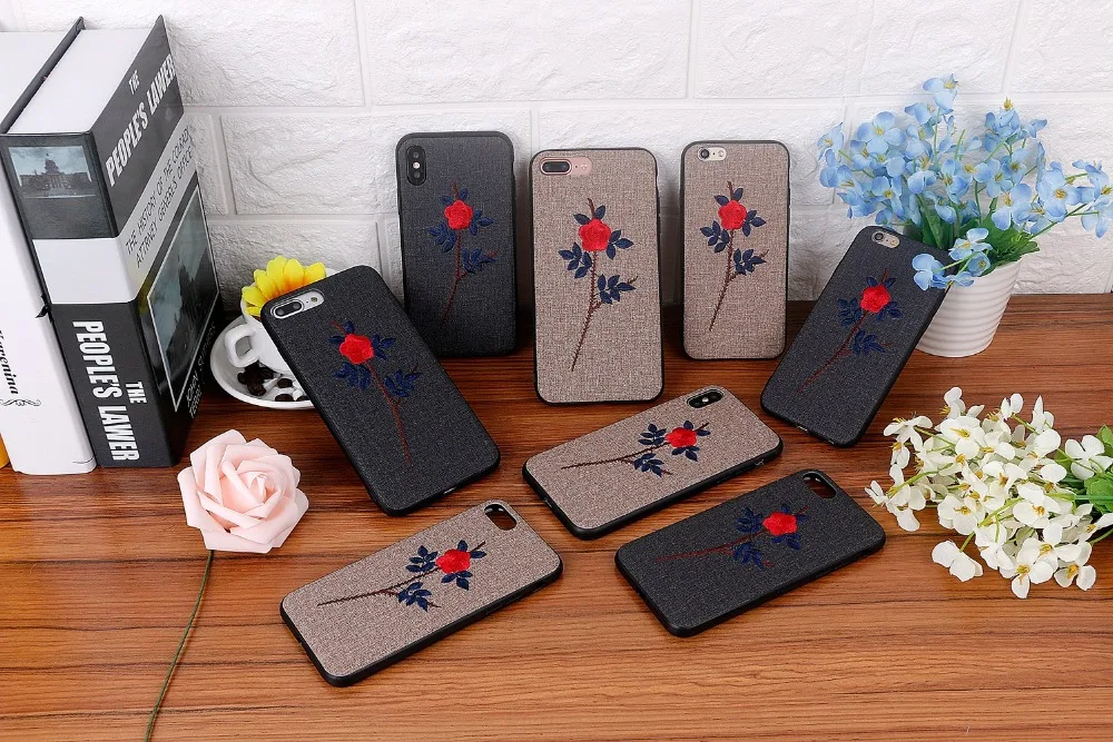 

Handmade Embroidery Case for iphone X Cover Capa Coque for iphone8 8 plus 3D Blue Rose flower Case for iphone 7 6 6s plus Cover