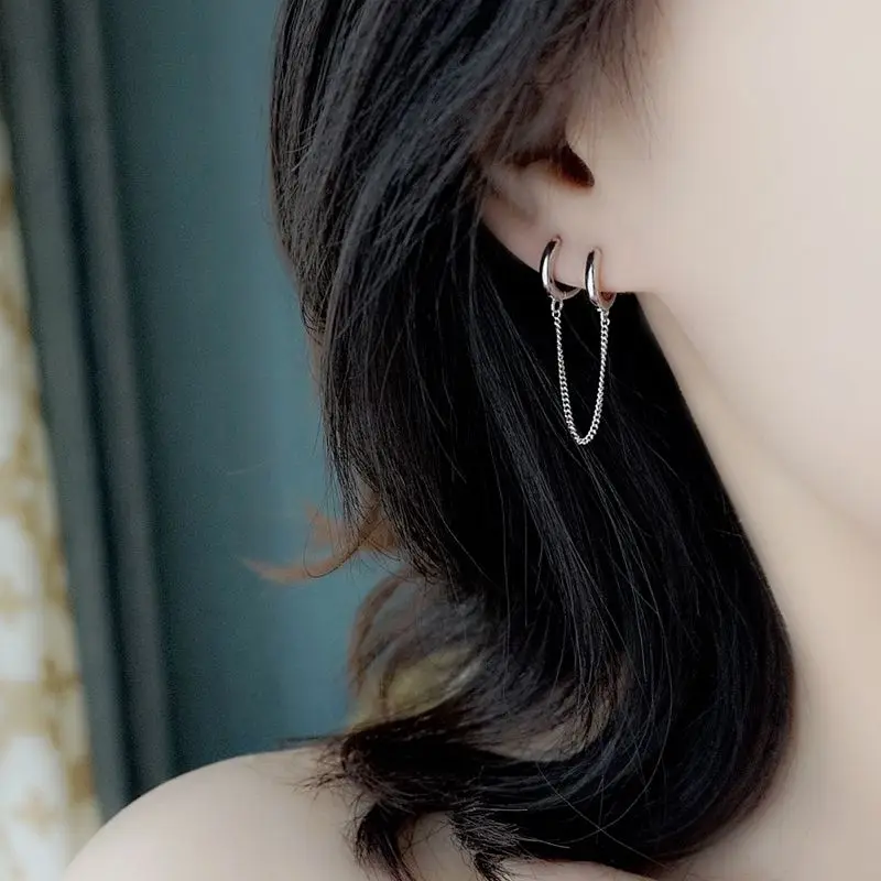

Sterling 925 Silver Two Ear Hole Circle Chain Stud Earrings Advanced Elegant Line Long Earrings for Women 2019 Office Jewelry