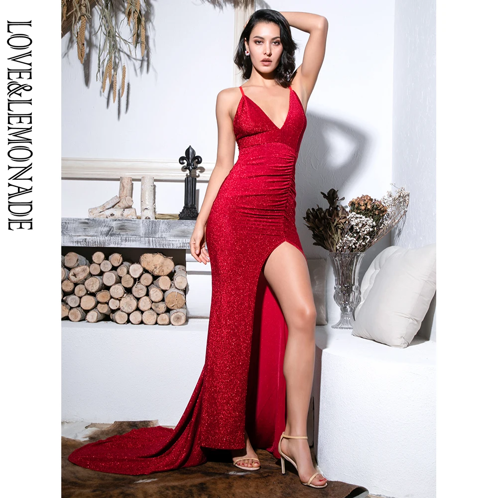 Love& Lemonade сексуальное красное платье с глубоким v-образным вырезом и вырезами из блестящей эластичной ткани Макси LM81709-1