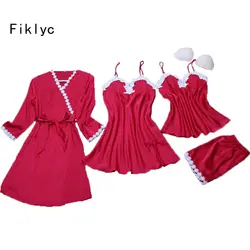 Fiklyc бренд четыре части Женская белье, пижамы, комплекты Кружева цветочные атласные шелковые женские большие размеры мягкий v-образным