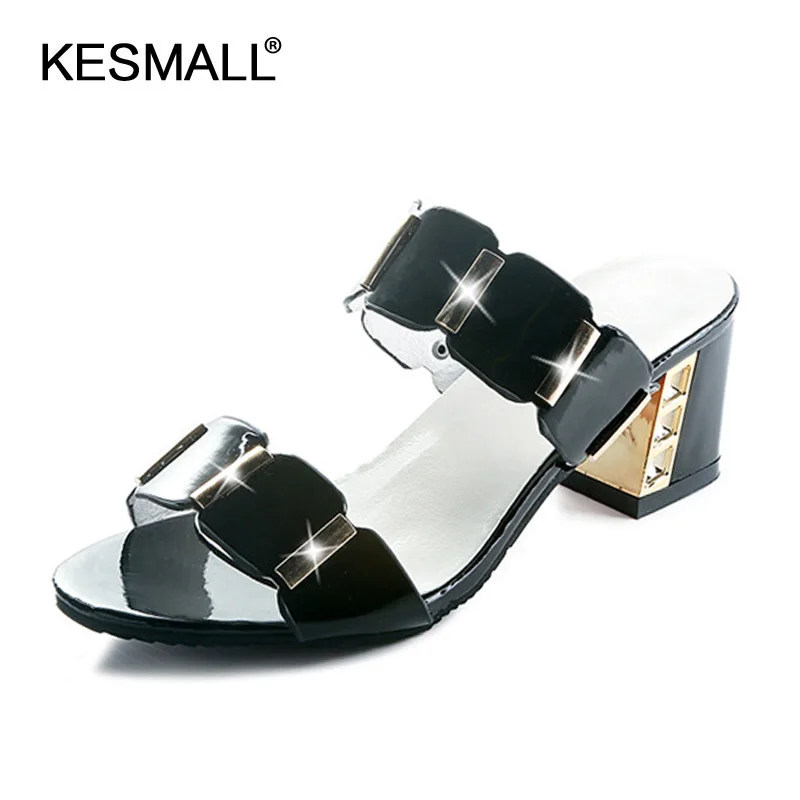 

Women Slippers Bling Style 2019 Summer Platform Shoes Woman Mid Heel Slip On Sandals Female Fashion Slides Square Heels Footwear