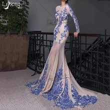 Скромные Синие Аппликации шифоновый с длинным рукавом Русалка назад открытый вечернее платье для женщин индивидуальный заказ оболочка Формальные Макси платья Vestidos