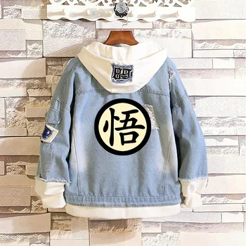 

Fashion Anime DragonBall Z Denim Jackets Frayed Son Goku Kakarotto Cosplay Hooded Jean Jacket Layered Loose Splicing Cowboy Coat