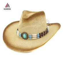 QIUBOSS коричневая краска-спрей простые Бумажные Соломенные Ковбойские шляпы с этническим декором Hatband для мужчин и женщин с широкими полями пляжная Панама солнцезащитная Кепка