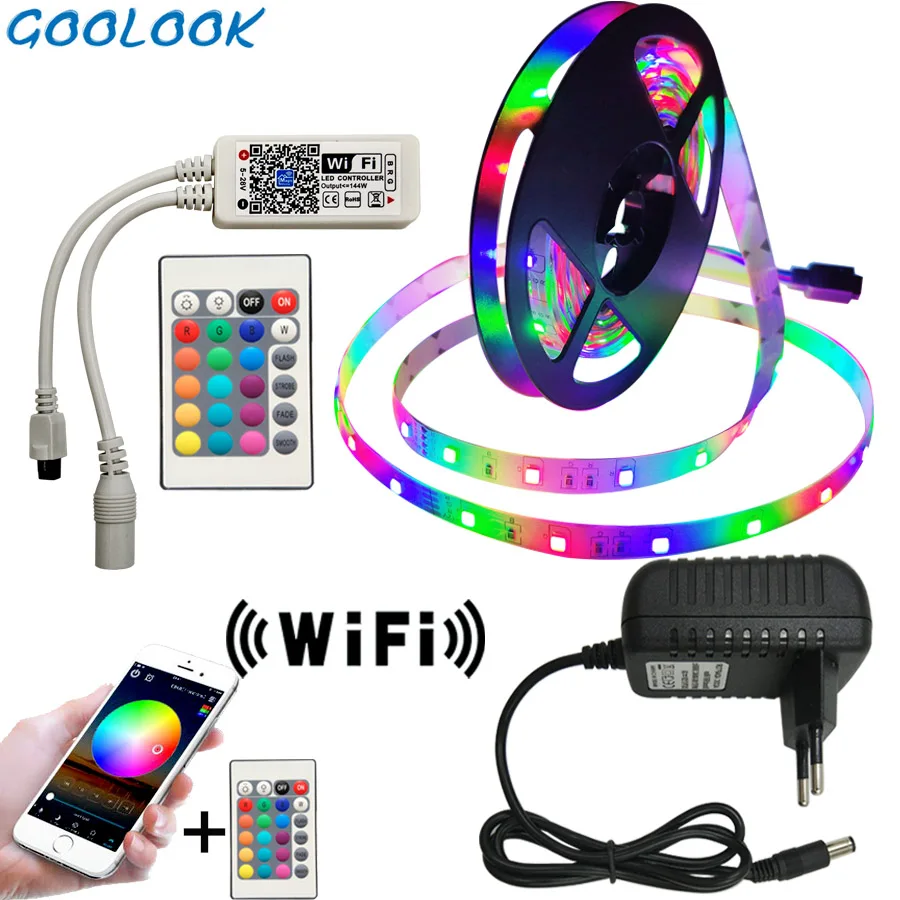 Светодиодная лента гибкая светящаяся RGB 5/10/15/20 м 12 В пост. тока + контроллер на 24