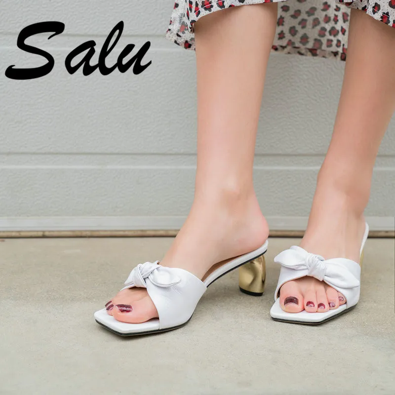 

Salu Women Sandals Black Red Kid Suede Leather Summer Sandals Comfort High Heeled Sandals Female Brand New Shoes Woman