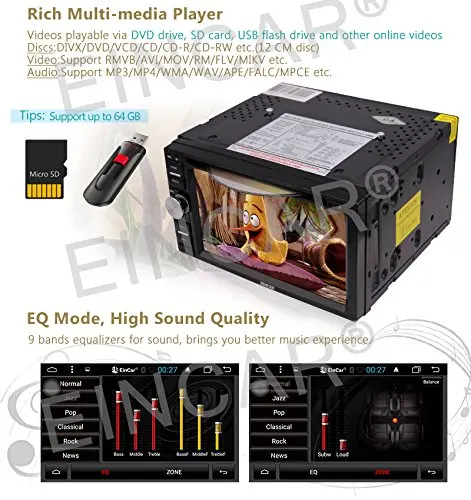 Top Eincar 6.2 inch touch Screen Android6.0 Car stereo Double din GPS Navigation with DVD Player with External Micro/Wireless Camera 3