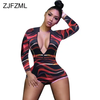 

Colorful Printed Sexy Bodycon Jumpsuit Women Stand Collar Long Sleeve One Piece Overall Streetwear Front Zipper Short Playsuit