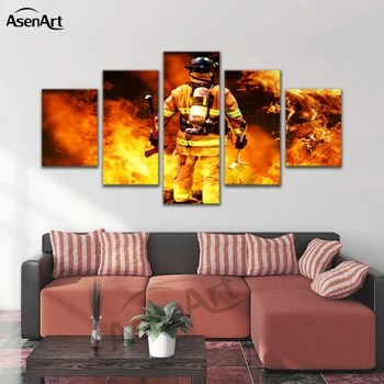 

5 Panel Canvas Art Brave Fireman Painting Prints on Canvas Wall Art Picture Home Decoration for Living Room