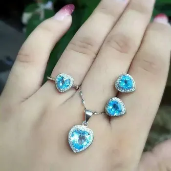 

Natural blue topaz set S925 silver inlaid jewelry wholesale Sterling Silver Ring Pendant Earrings Set + FREE SHIPPING