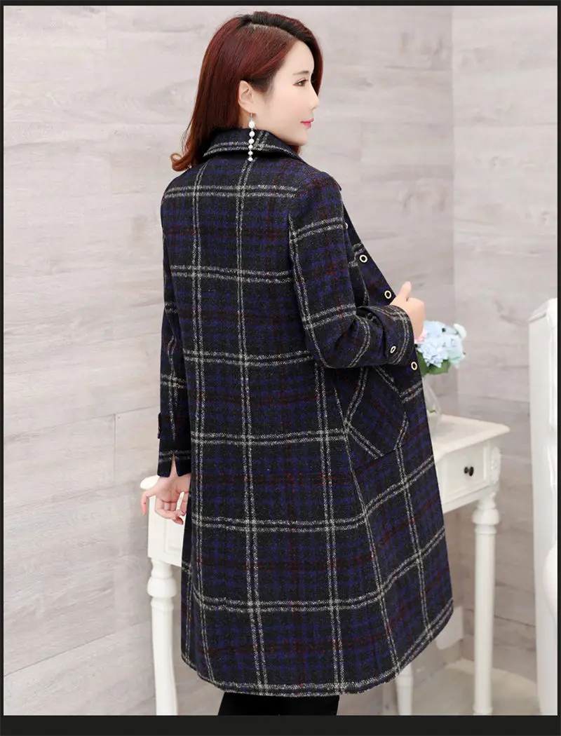 Шерстяное клетчатое Женское пальто средней длины в Корейском стиле, новинка, модное однобортное Женское шерстяное пальто большого размера LQ542