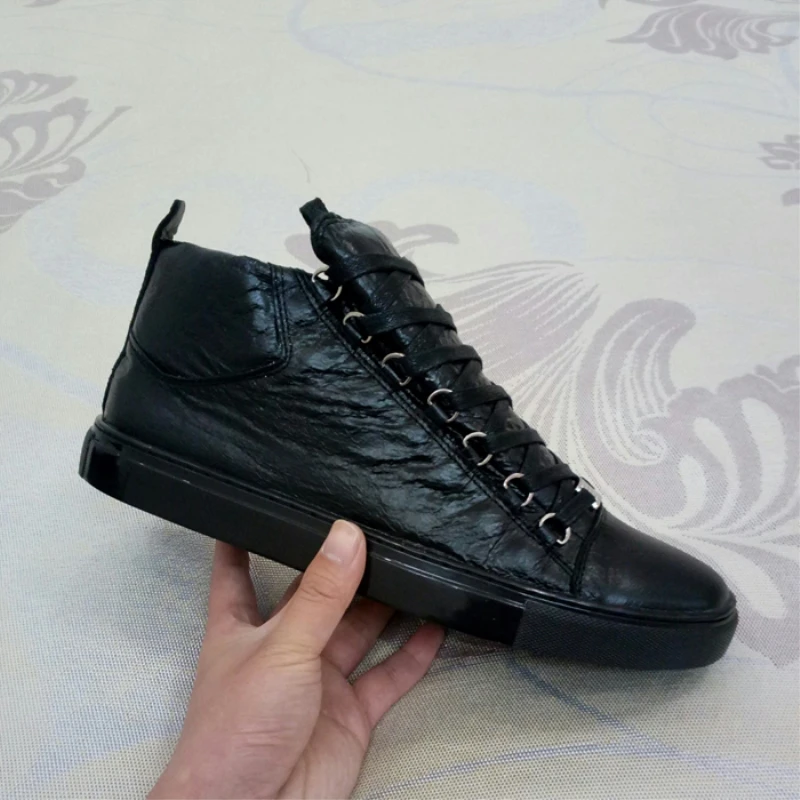 

2017 man brand casual shoes real leather solid color high top men flats shoes 38-46