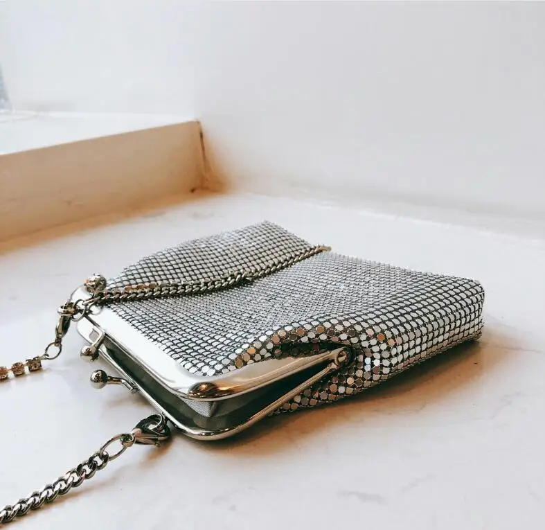 Высококачественная Роскошная мини-сумка для телефона с бриллиантовой цепочкой, дамская сумка из алюминиевого листа, сумка на плечо, Серебряный клатч, вечерняя сумочка, кошелек