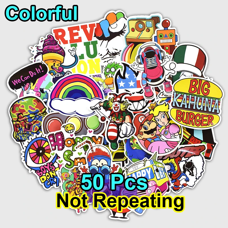 

50 Pcs Funny Colorful Cartoon Rainbow Sticker for Laptop Luggage Bags Handbag Toy Doodle Cool DIY Stickers PVC Creative Decals