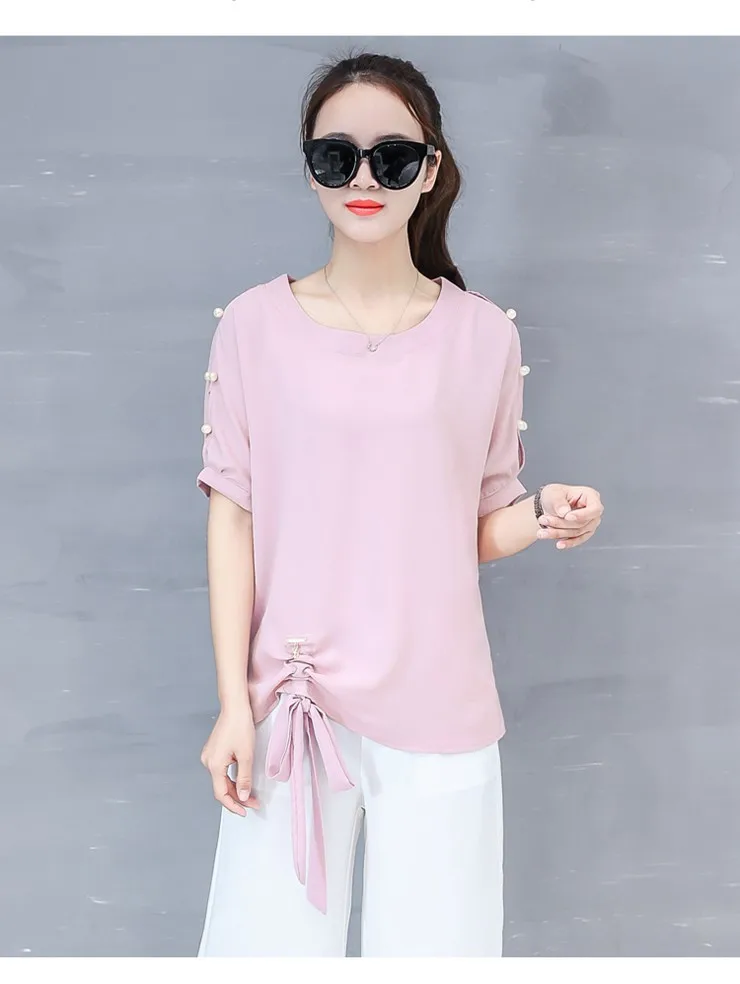 2018 New Arrival Chiffon Blouses Women Shirts Plus Size Beading Tops Female Fashion Short Sleeve O-neck Blusas Femininas  (2)