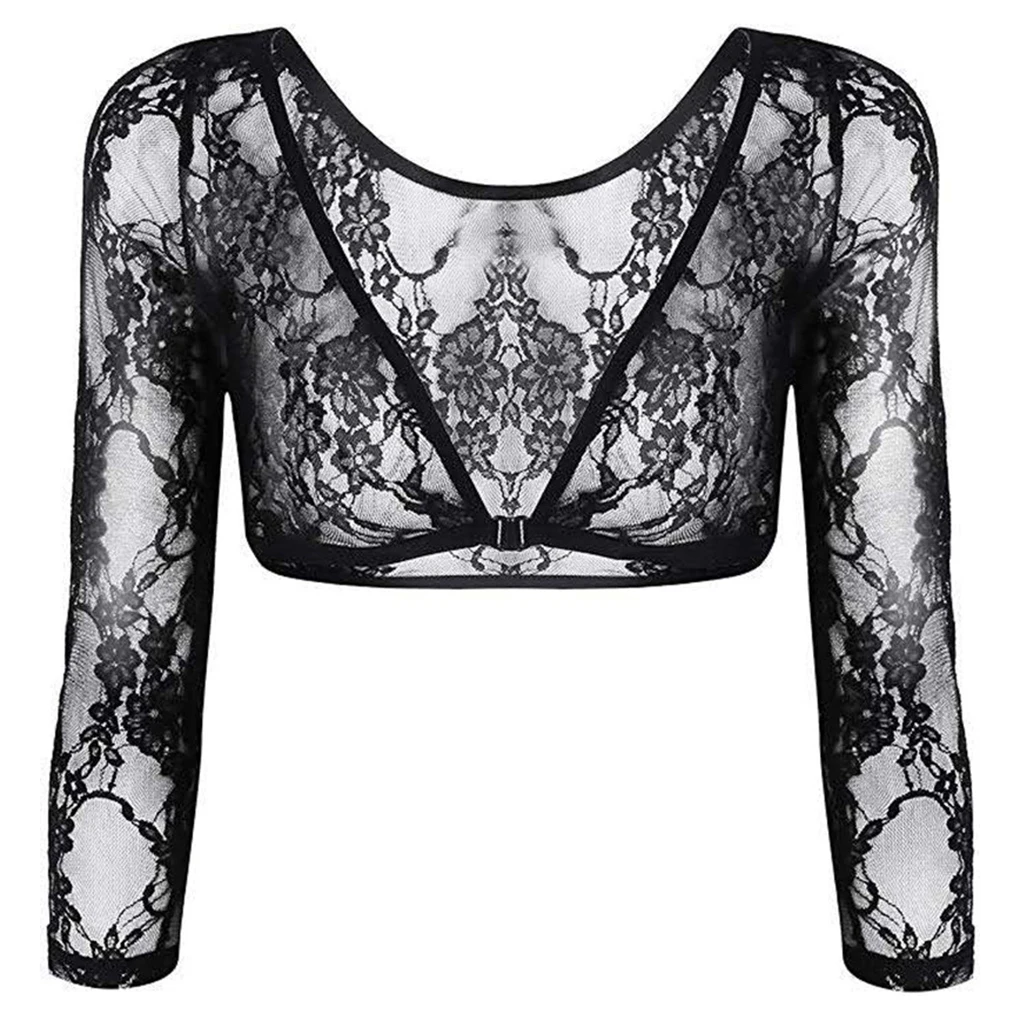 

Women Girl Sexy Crop Top Solid Mesh Lace Open Front Long Sleeve Base T-Shirt