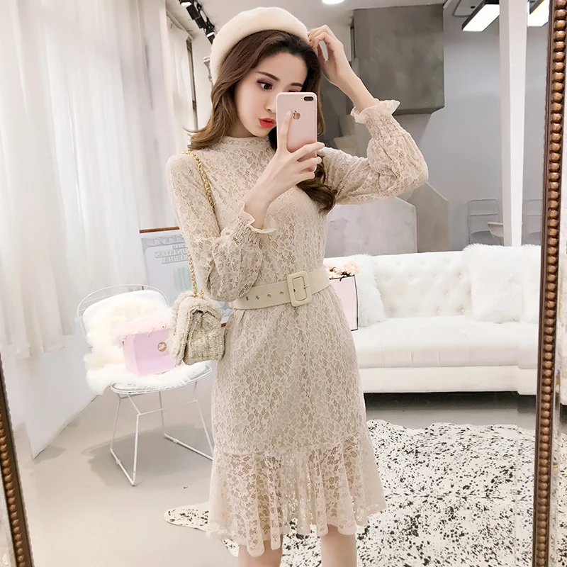 

New Spring Vintage Women dress Lace Little Short Inside Build Super Xiangang Taste Gentle Wind Dresses Black Apricot 591