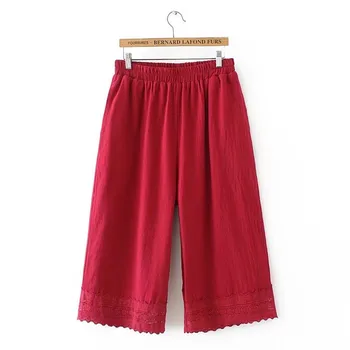 

2018 New Cotton Linen Soft Wide Leg Women Pants Elastic Waist Calf-Length Solid Color Summer Loose Trouser