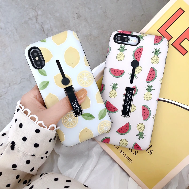 

Bracket Case For iPhone 6 6s 7 8 Plus Silicone Cute Fruit Hide Ring Stand Holder Cases For iPhone X XS Max Back Cover Fundas