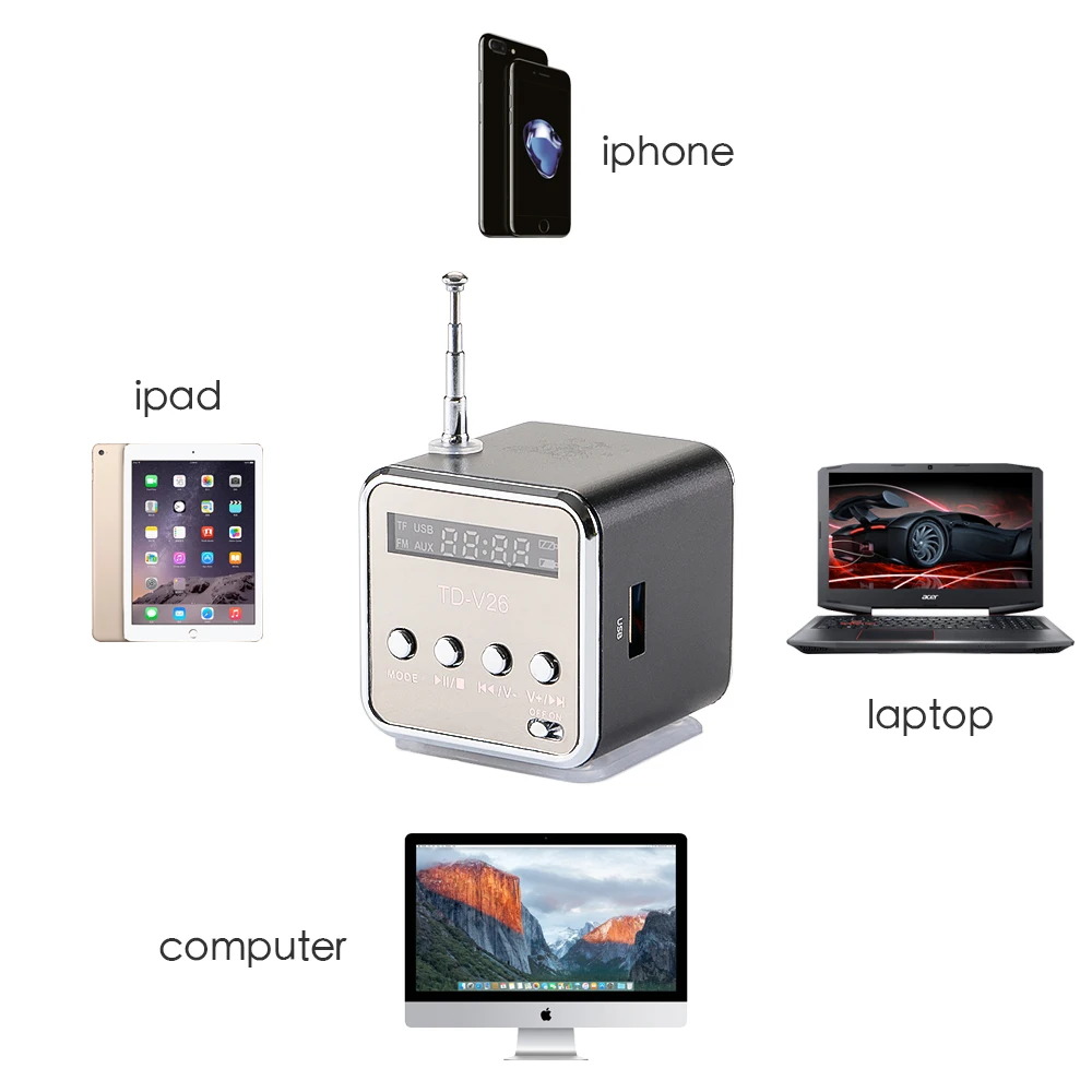 Vapeonly TD V26 цветной мини динамик стерео Бас музыкальный плеер Поддержка USB SD TF карта