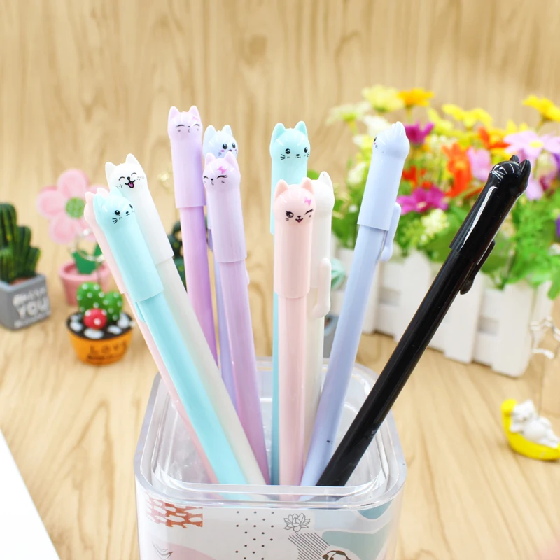 6x Kawaii Cute Cat Gel Pen Black Ink Pens Lovely Stationery School Office Supply 