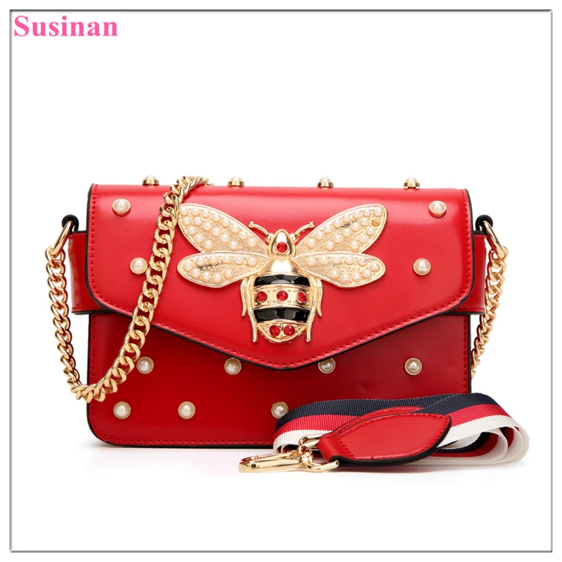 

leather crossbody bags for women 2019 fashion Small bee ladies chain shoulder bag red female pearl flap messenger bag bolsos