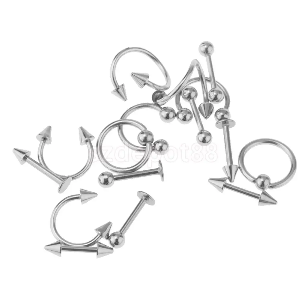 16 Pieces 16g Stainless Steel Assorted Eyebrow Ear Lip Navel Ring Body Piercing Kit