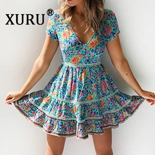XURU summer new fashion women's floral dress sexy V-neck printed holiday beach dress bohemian dress XURU summer new fashion women's floral dress sexy V-neck printed holiday beach dress bohemian dress