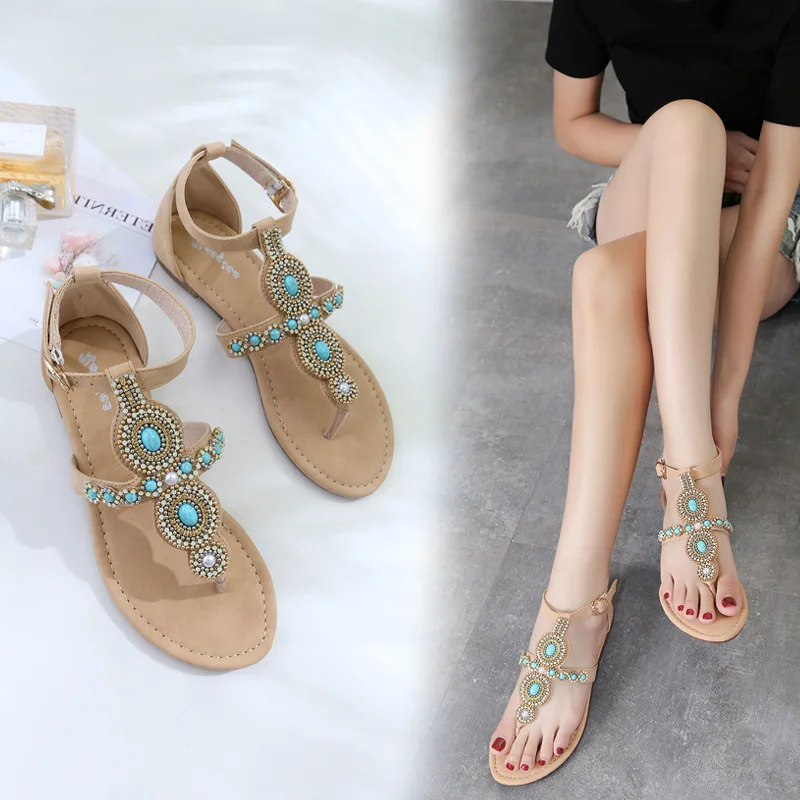 

ethnic beading gladiator sandals women tongs chaussures femme ete 2018 summertime bohemian beach sandals female flip flops y575