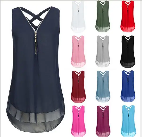 

2018 V-neck sleeveless zipper crossover bandwidth chiffon shirt vest