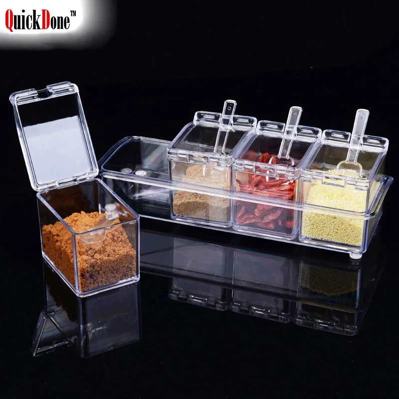 QuickDone 4 Flavors Transparent PS Spice Jar Set Seasoning Box Sugar Pepper Bowl Container Seasoning Pot Cans Spice Box AKC5141 photo