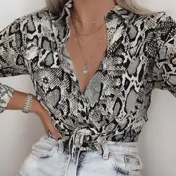 Пикантные принт змеиной кожи блузки для малышек и топы корректирующие женская рубашка с длинным рукавом Осень 2018 г. Blusas карман Кнопка