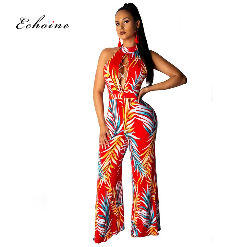 

Echoine Party Jumpsuit Women Sexy Halter Leaf Print Cross Strap Backless Cut Out Long Wide Leg Pants Female Romper Street Outfit