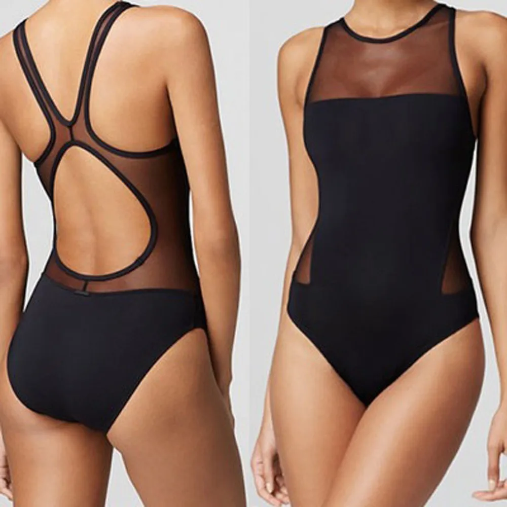 Бикини 2019 Для женщин купальники новые черные пикантные, с сеткой спинки Эластичный цельный купальник большие размеры сексуальное бикини #30