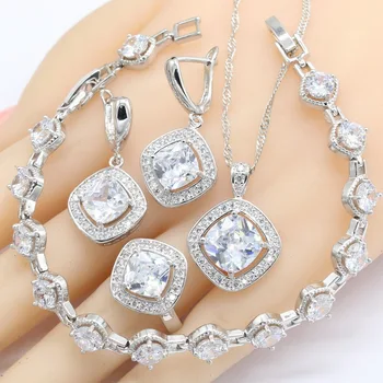 

Square Shape White Cubic Zircnoia Silver Color Jewelry Sets Women Bracelet Earrings Necklace Pendant Rings 2018 Christmas Gift