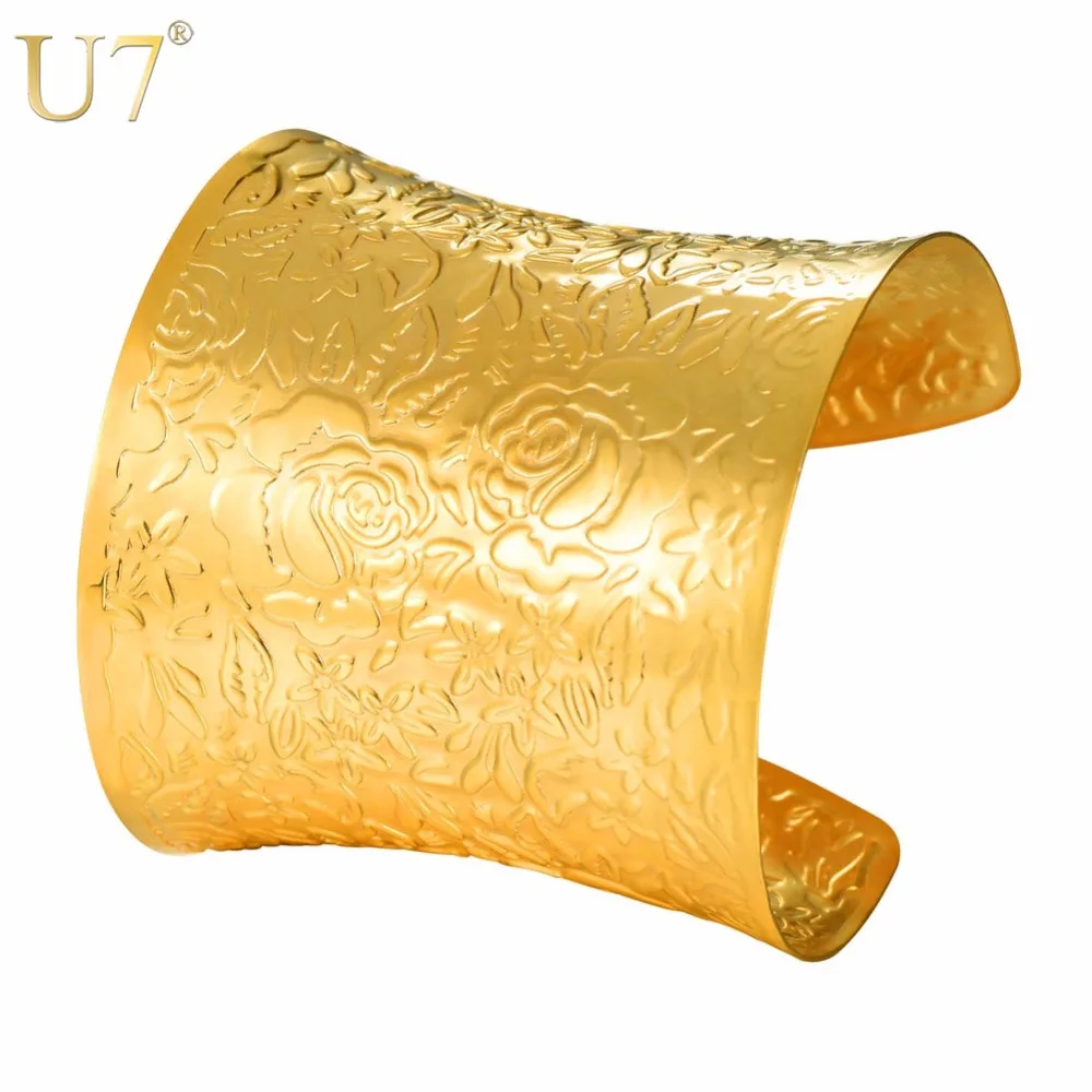 

U7 Bracelet Stainless Steel Vintage Gold Color Relievo Rose Flower Wide Cuff Bangle Adjustable Gift Jewelry Bracelets H1044