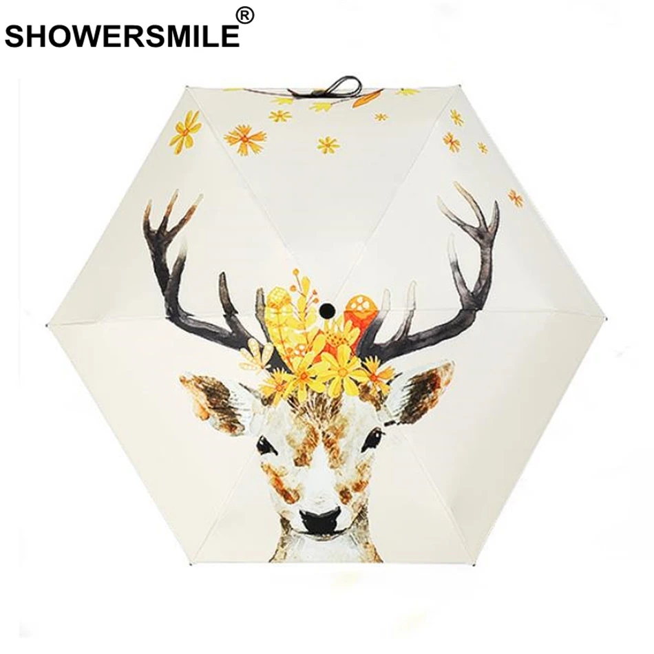 

SHOWERSMILE Light Umbrella Women Mini Pocket Umbrella Women Deer Parasol Uv Protection Five-Folding Ladies Windproof Umbrella