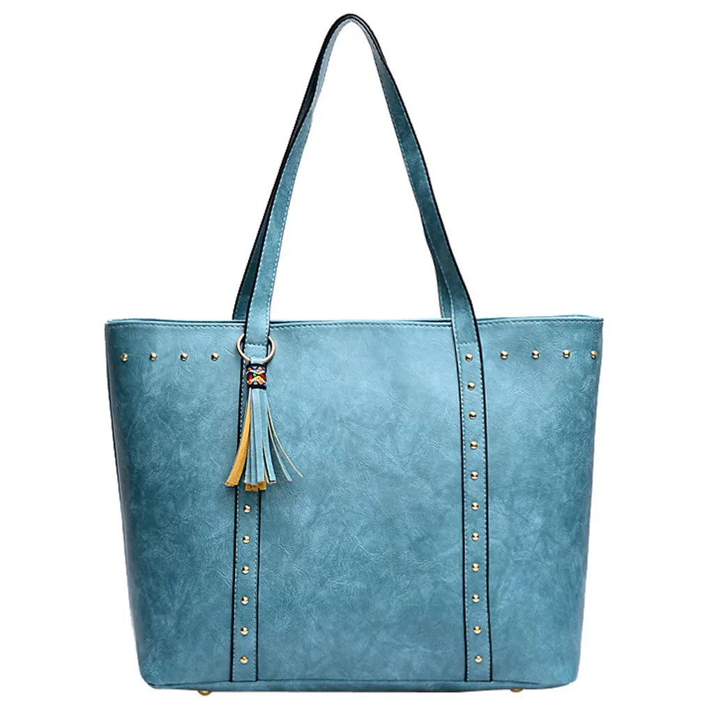

MUQGEW Vintgae Women Leather Tassel Zipper Rivets Solid Color Wrinkle Shoulder Bag Hand Bag Shopping Bag Big Capacity #1126