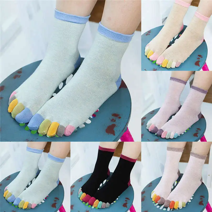 New Fashion Winter Women Girls Casual Daily Print Multicolor Mid Tube Toe Socks Five Finger Sock Cotton  Socks #4F03 (4)