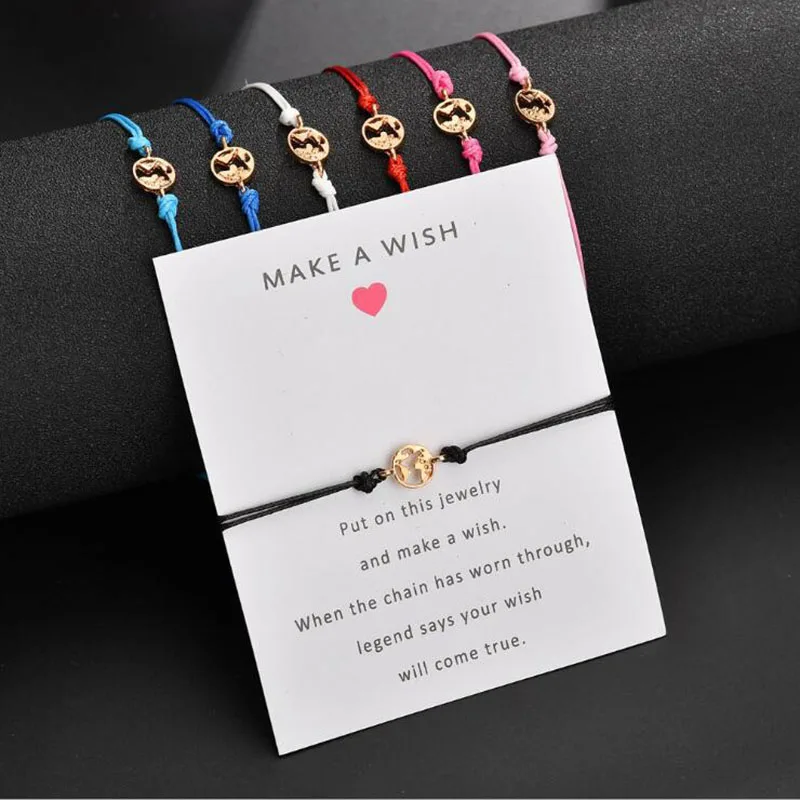 

Wish card 7 colors rope World Map Bracelets For Women Simple Adjustable Gold Vintage Jewelry Earth Day Gifts Christmas