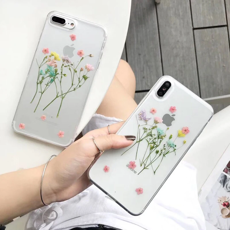 

SUYACS Real Dired Flowers Leaf Phone Case For iPhone XS Max XR 6 6S 7 8 Plus X Transparent Soft Epoxy Full Body Back Cover Case