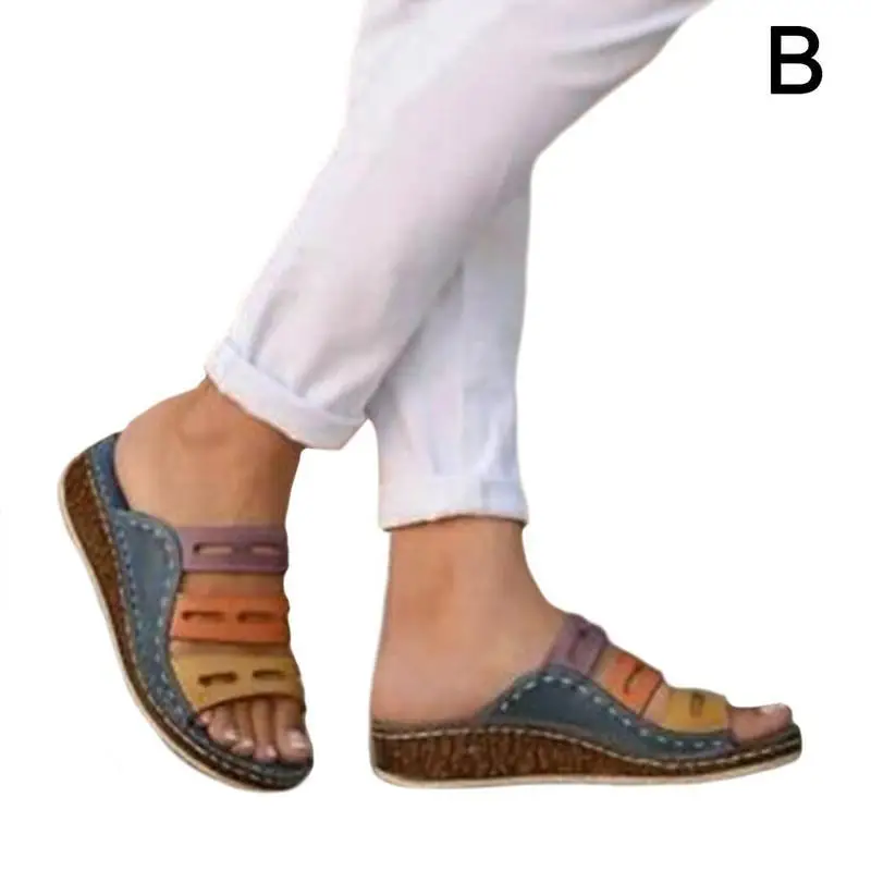1 пара; летние женские Модные Цветные повседневные пляжные сандалии на низкой танкетке с открытым носком; шлепанцы размера плюс - Цвет: B