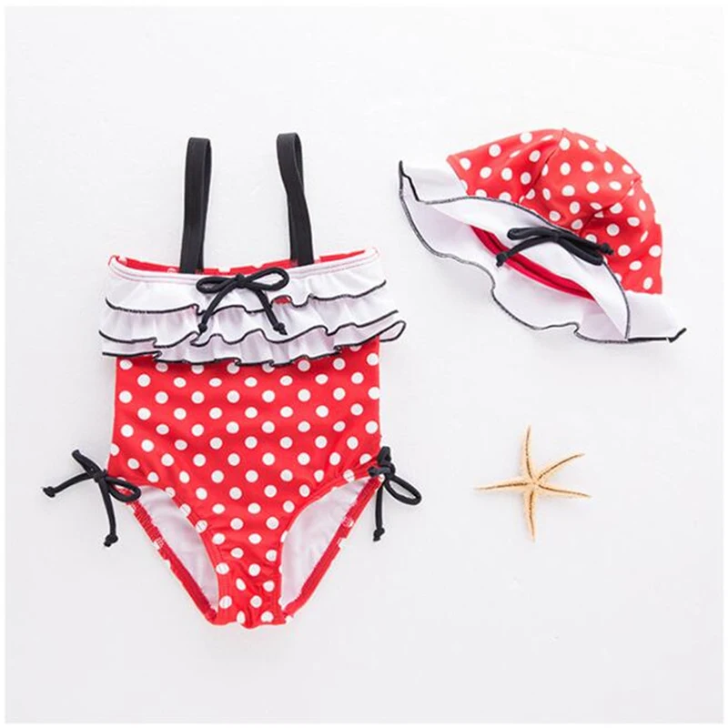 Children swimwear+hat set Dot Red swimming clothes Bow Ruched 2t 6 Baby
