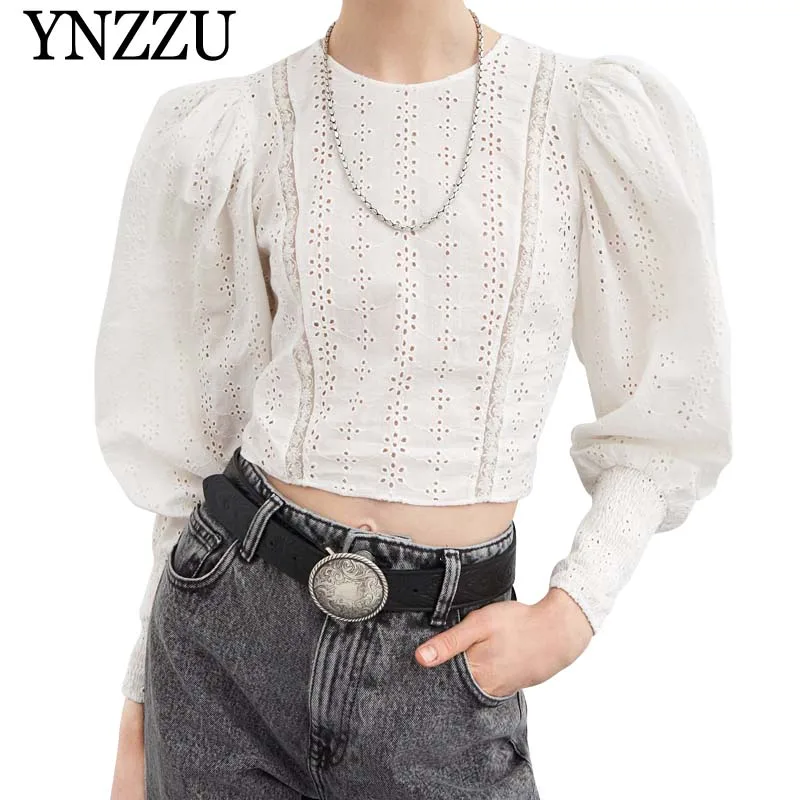 

YNZZU Women Lace Blouse Shirt 2019 Spring Summer O Neck Puff Sleeve Hollow Out Short Female White Tops blusa feminina YT562