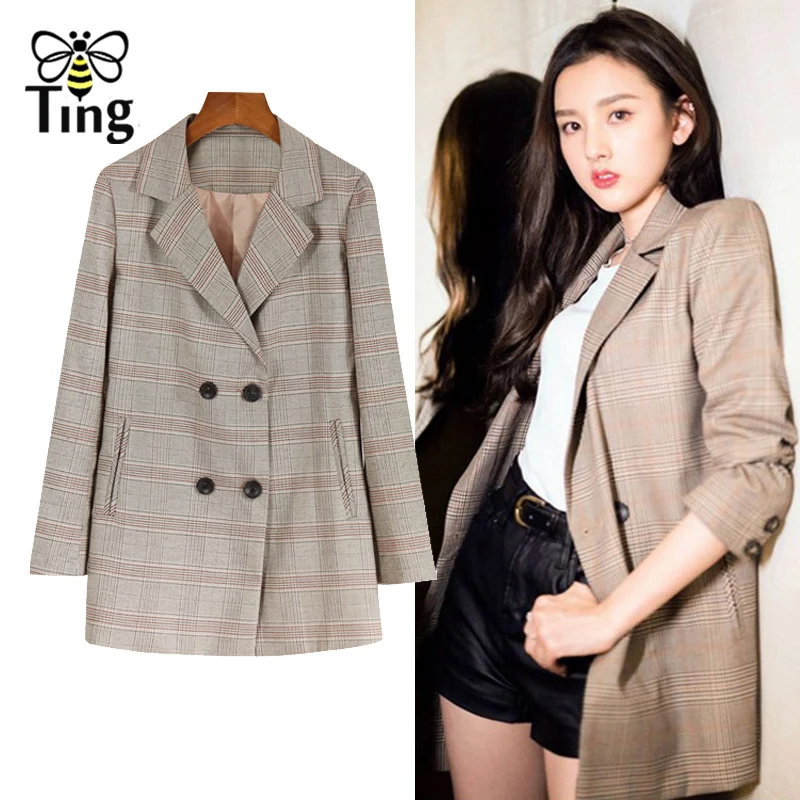 

Tingfly Winter Autumn New Designer Plaid Blazer coat Women Casual double breasted suit Blazer overcoat ourterwear Streetwear