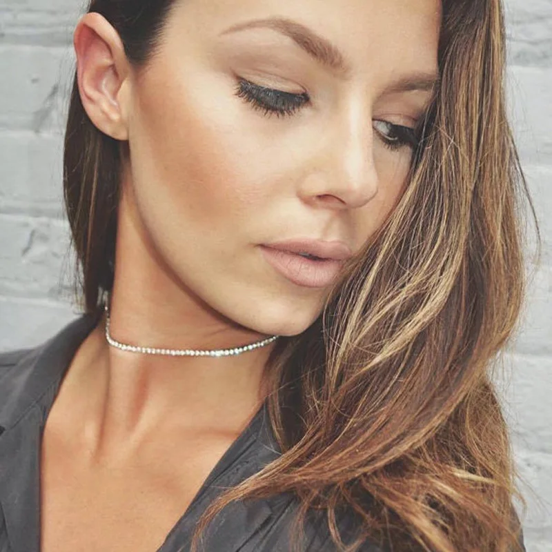 

FAMSHIN Fashion Women single Row Full Crystal Wedding Party Prom Christmas Long Necklace Sexy Gold Rhinestone Statement Chocker